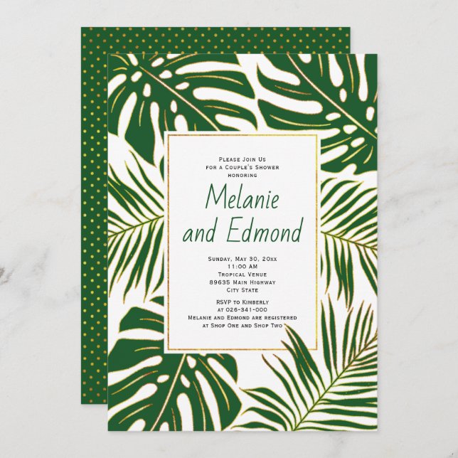Green tropical leaves wedding couple's shower invitation (Front/Back)