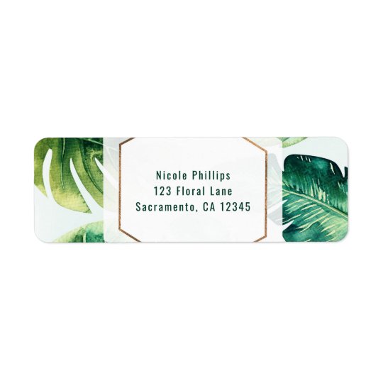 Green Tropical Leaves White Elegant Invitation Return Address Label