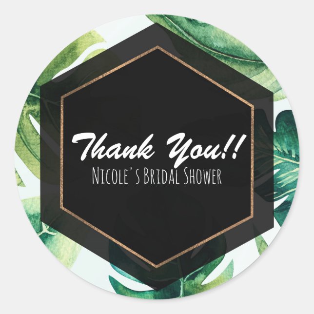 Green Tropical Leaves White Elegant Wedding Favour Classic Round Sticker (Front)