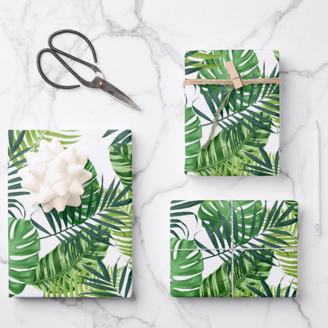 Green Tropical Leaves Wrapping Paper Sheet (Front)