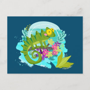 Green Tropical Lizard with Flowers Postcard