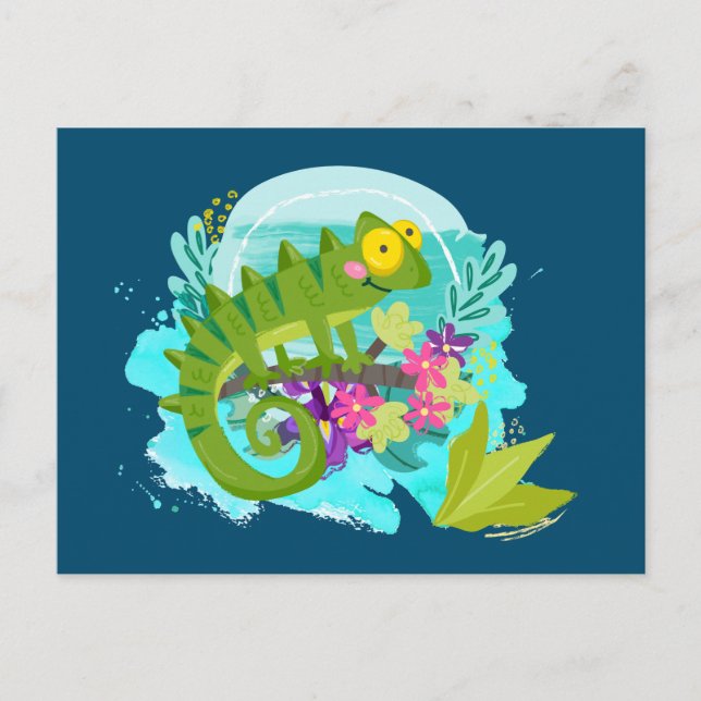 Green Tropical Lizard with Flowers Postcard (Front)
