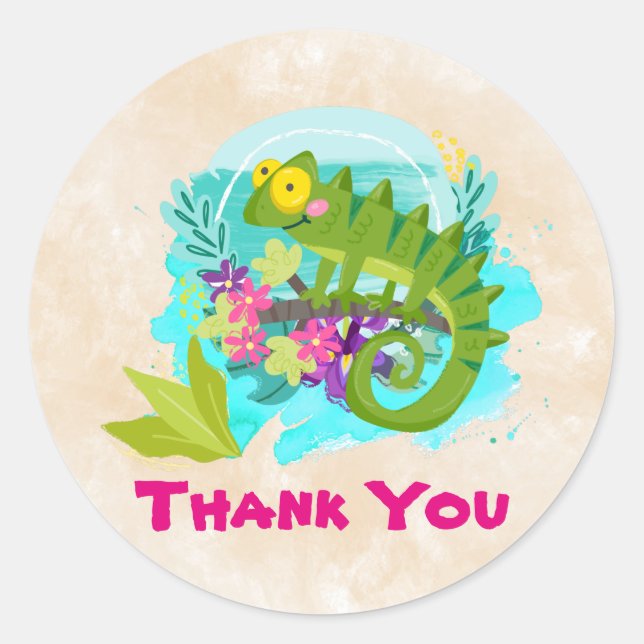 Green Tropical Lizard with Flowers Thank You Classic Round Sticker (Front)
