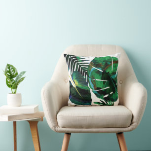 Green Tropical Monstera Fern Leaves Cushion