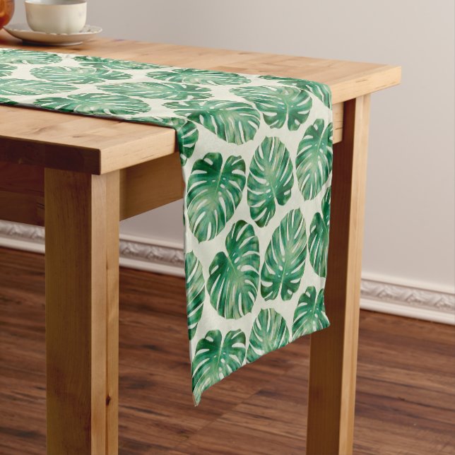 Green Tropical Monstera Leaves medium table runner (In Situ)