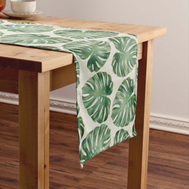 Green Tropical Monstera Leaves Pattern  Short Table Runner (In Situ)