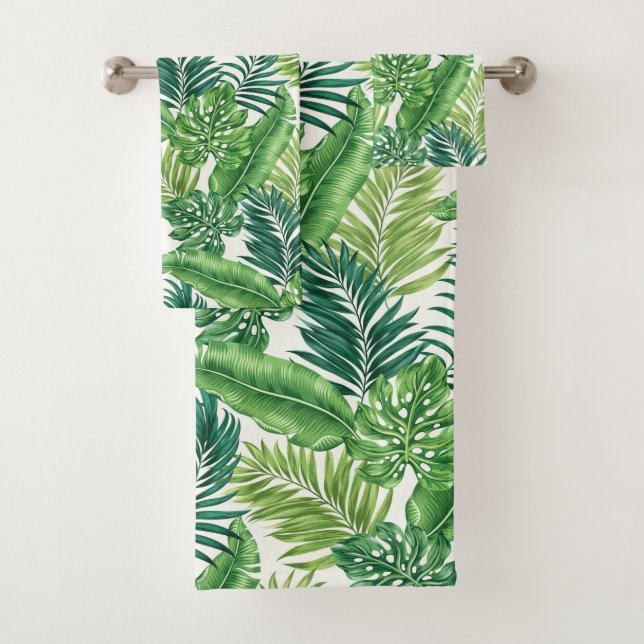 Green Tropical Palm Banana Monstera Leaves  Bath Towel Set (Insitu)