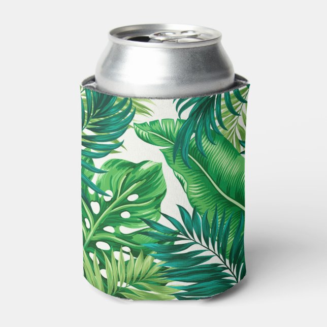 Green Tropical Palm Banana Monstera Leaves  Can Cooler (Can Front)