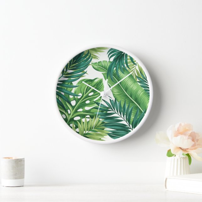 Green Tropical Palm Banana Monstera Leaves Clock (Home)