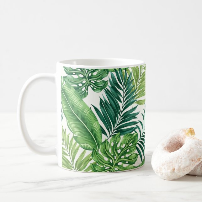 Green Tropical Palm Banana Monstera Leaves Coffee Mug (With Donut)