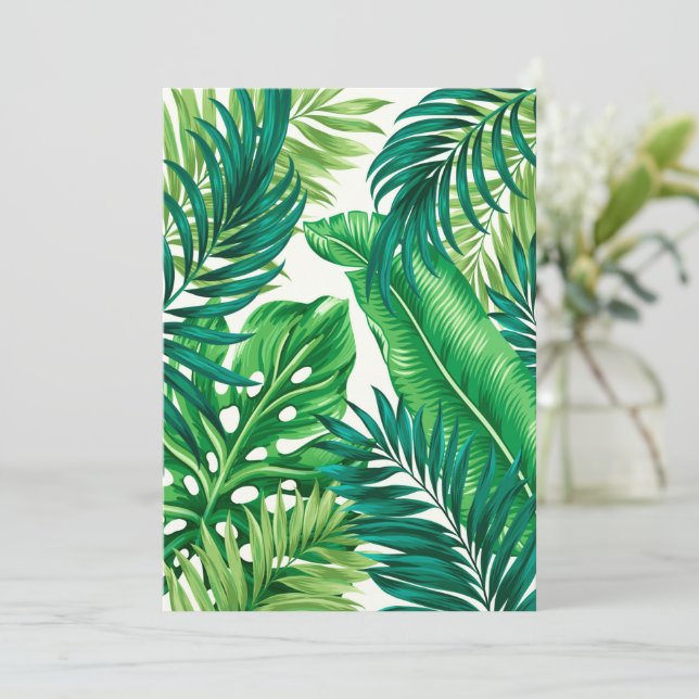 Green Tropical Palm Banana Monstera Leaves Invitation (Standing Front)