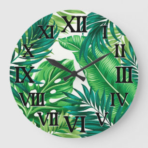 Green Tropical Palm Banana Monstera Leaves Large Clock