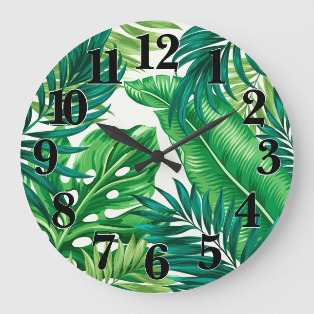 Green Tropical Palm Banana Monstera Leaves Large Clock (Front)
