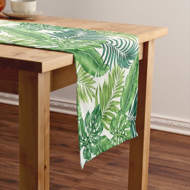 Green Tropical Palm Banana Monstera Leaves  Short Table Runner (In Situ)