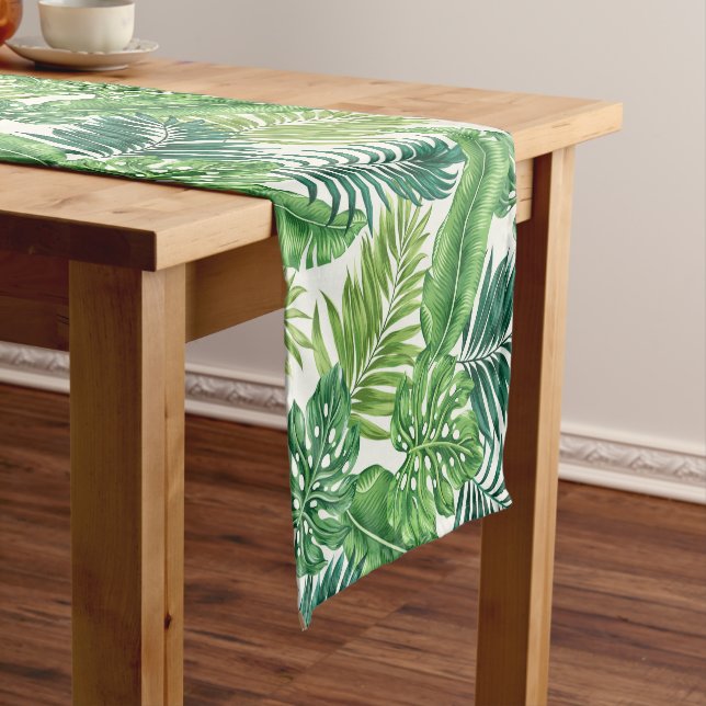 Green Tropical Palm Banana Monstera Leaves Short Table Runner (In Situ)