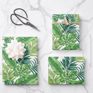 Green Tropical Palm Banana Monstera Leaves Wrapping Paper Sheet