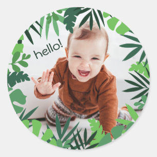 Green tropical palm leaves  classic round sticker