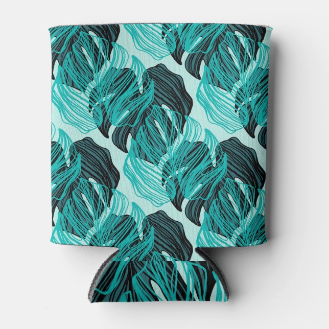 Green tropical palm leaves design. can cooler (Front)
