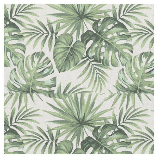 Green Tropical Palm Leaves Pattern Fabric (Close Up)