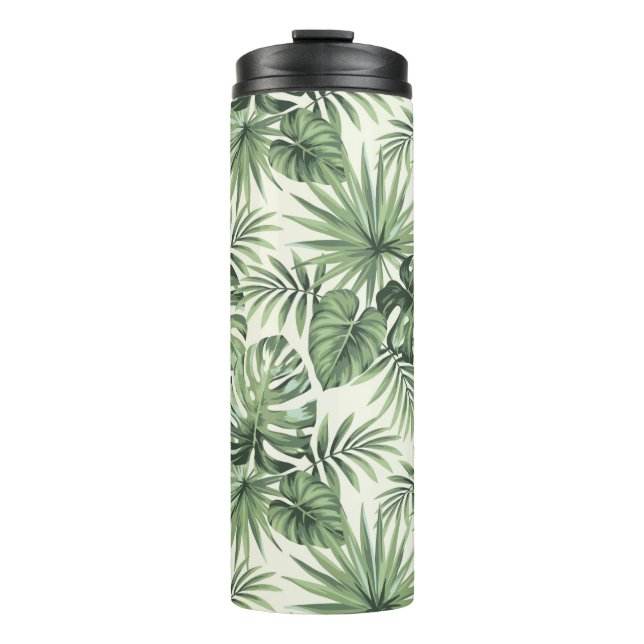 Green Tropical Palm Leaves Pattern Thermal Tumbler (Front)