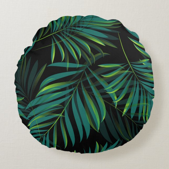 Green tropical palm leaves. Seamless pattern graph Round Cushion (Front)