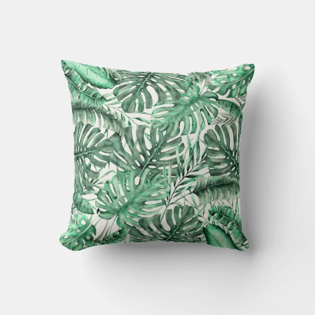 Green Tropical Palm Leaves Summer Island Breeze Cushion (Front)