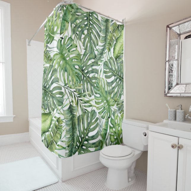 Green Tropical Palm Leaves Summer Island Breeze  Shower Curtain (In Situ)