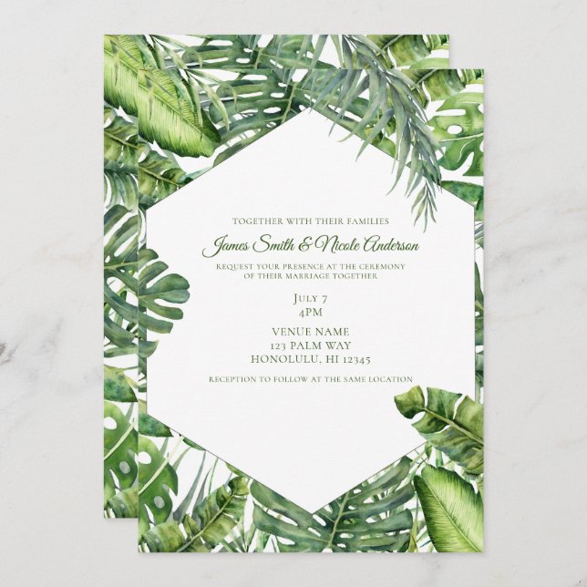 Green Tropical Palm Leaves Summer Island Wedding Invitation (Front/Back)