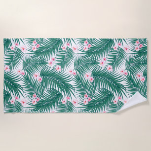 Green Tropical Palm Leaves with Hibiscus Flowers  Beach Towel
