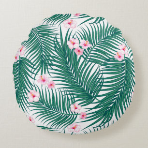 Green Tropical Palm Leaves with Hibiscus Flowers Round Cushion