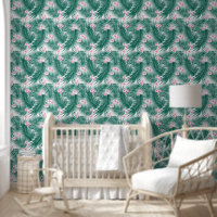 Green Tropical Palm Leaves with Hibiscus Flowers
