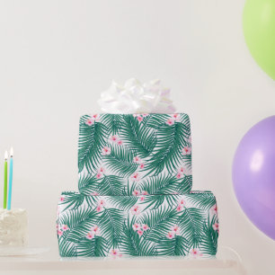 Green Tropical Palm Leaves with Hibiscus Flowers Wrapping Paper