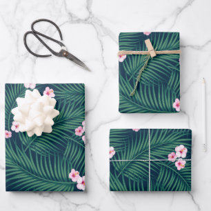 Green Tropical Palm Leaves with Hibiscus Flowers Wrapping Paper Sheet