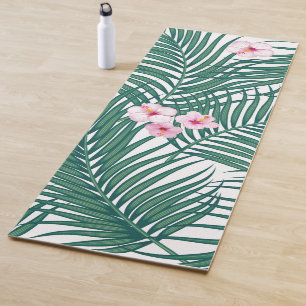 Green Tropical Palm Leaves with Hibiscus Flowers Yoga Mat