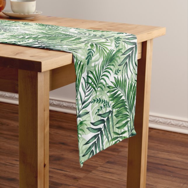 Green Tropical Palm & Monstera Leaves Short Table Runner (In Situ)