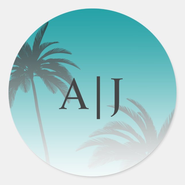 Green Tropical Palm Tree Beach Monogram Wedding Classic Round Sticker (Front)