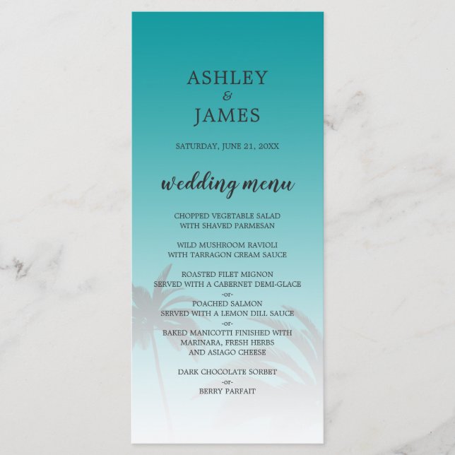 Green Tropical Palm Tree Beach Wedding Menu (Front)