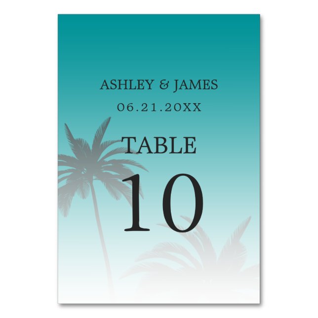 Green Tropical Palm Tree Beach Wedding Table Number (Front)