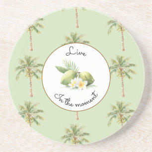 Green Tropical Palm Tree Plumeria Flowers Limes Coaster