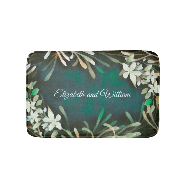 Green tropical plants botanical customisable text  bath mat (Front)