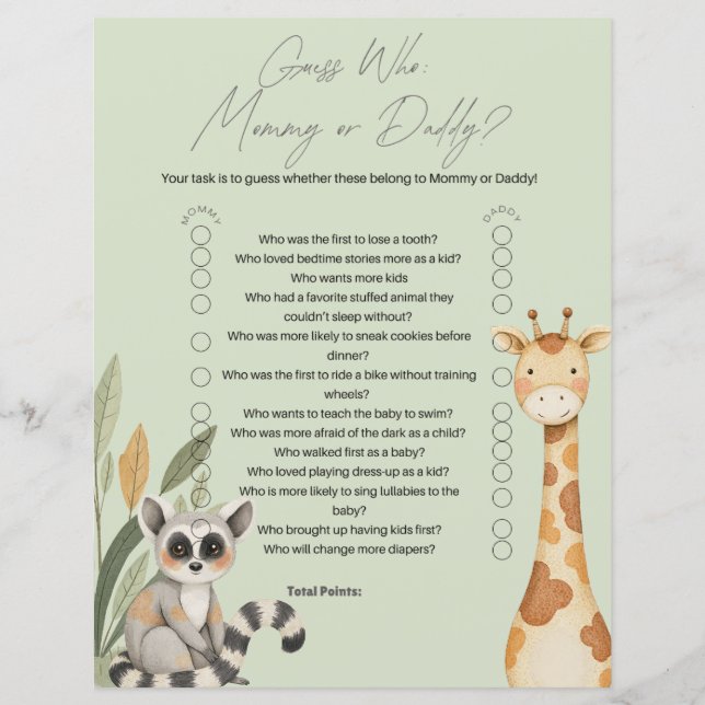 Green Tropical Safari Animals Baby Shower game (Front)