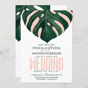 Green Tropical Swiss Cheese Leaf Pink Wedding Invitation