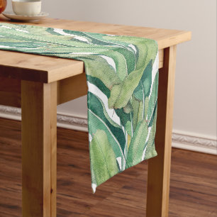 Green Tropical Vintage Banana Leaves Short Table Runner