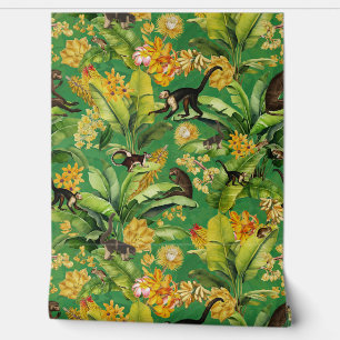 Green Tropical Vintage Monkey Floral Rainforest Wallpaper