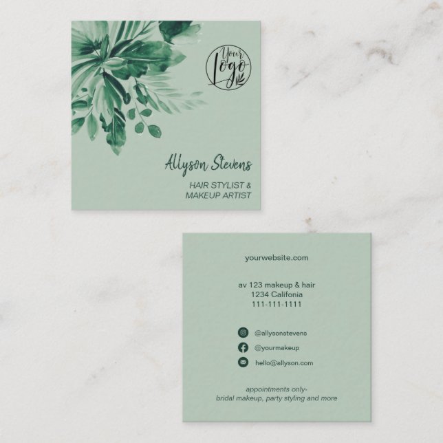 Green tropical watercolor hair makeup logo  square business card (Front/Back)