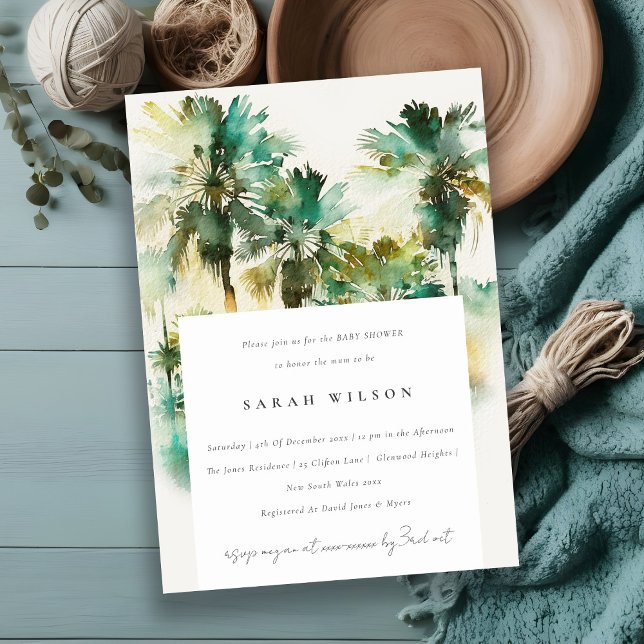 Green Tropical Watercolor Palm Tree Baby Shower Invitation (Creator Uploaded)