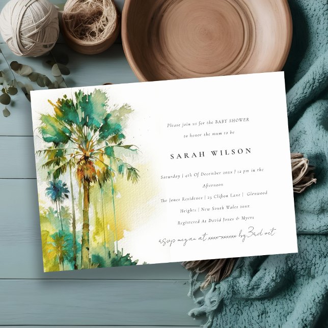 Green Tropical Watercolor Palm Tree Baby Shower Invitation (Creator Uploaded)