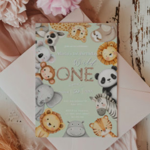 Green Tropical Wild One Jungle Safari Animals  Invitation