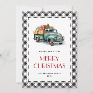 Green Truck Black White Plaid Christmas Cards