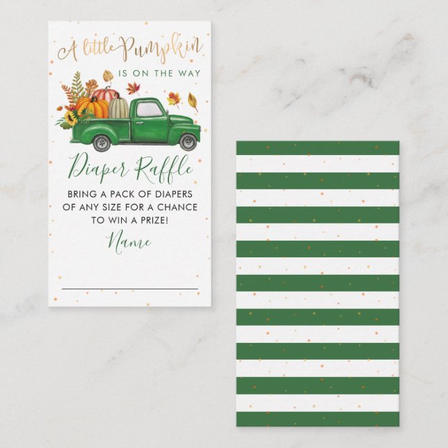 Green Truck Fall Pumpkin Baby Shower Diaper Raffle Enclosure Card (Front/Back)